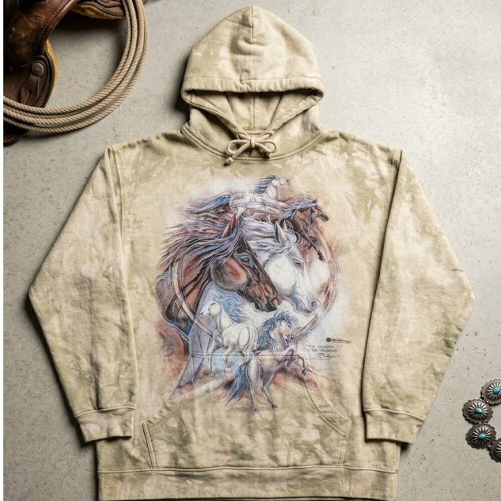 The Mountain Tie Dye Hoodie M Horse Graphic Y2K Grunge Earthcore Nature Oversize